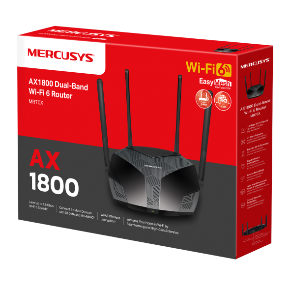 جهاز التوجيه Mercusys MR70X AX1800 ثنائي النطاق Wi-Fi 6 جهاز التوجيه Mercusys MR70X AX1800 ثنائي النطاق Wi-Fi 6